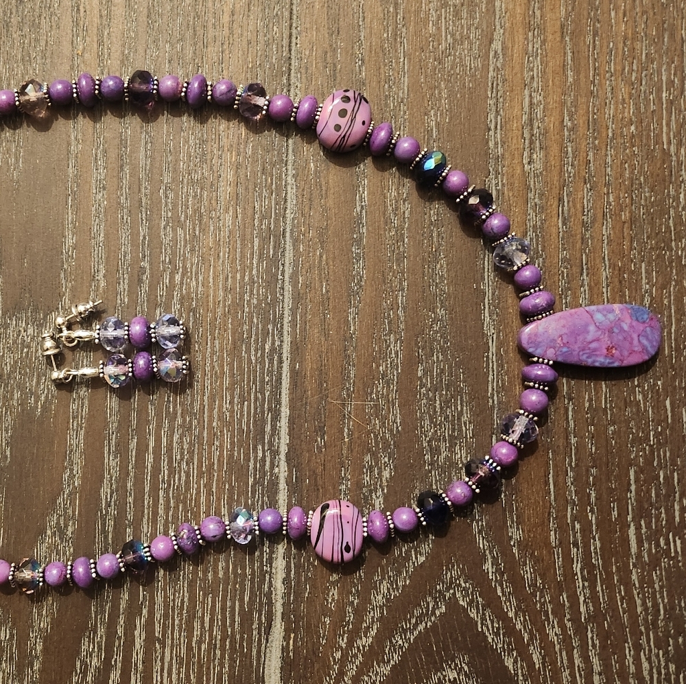 20" handwork lampwork purple bead necklace with earrings